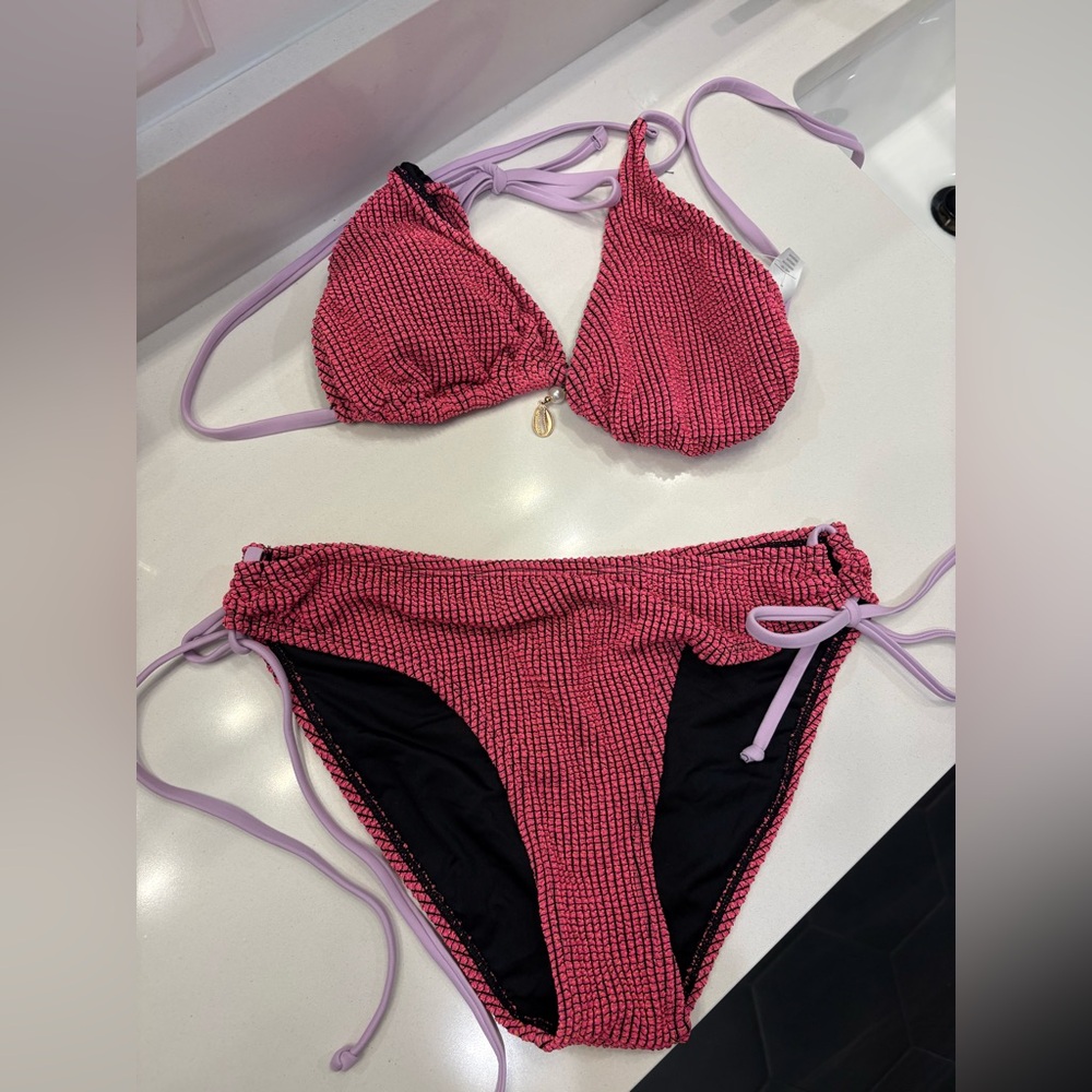 Pink and Black Textured Bikini with Gold Shell Detail NWT